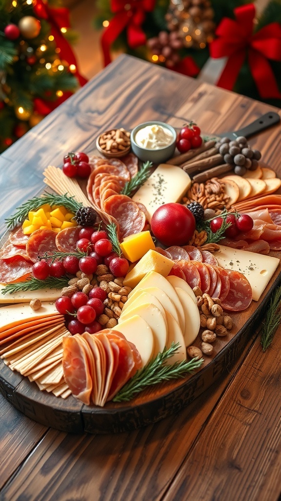 A festive charcuterie board with meats, cheeses, fruits, and nuts for Christmas.